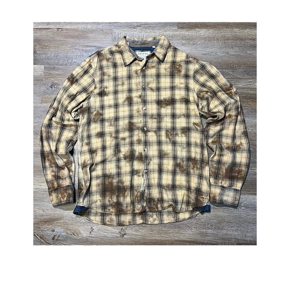Y2K GUESS Men's Beige Plaid Button-Up‎ Shirt